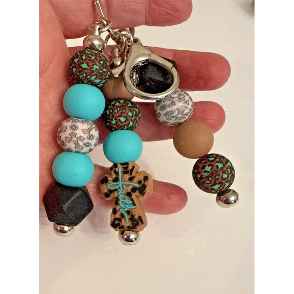 Handmade Turquoise Faith Key Chain Beaded Leopard Cross Blue Accessory